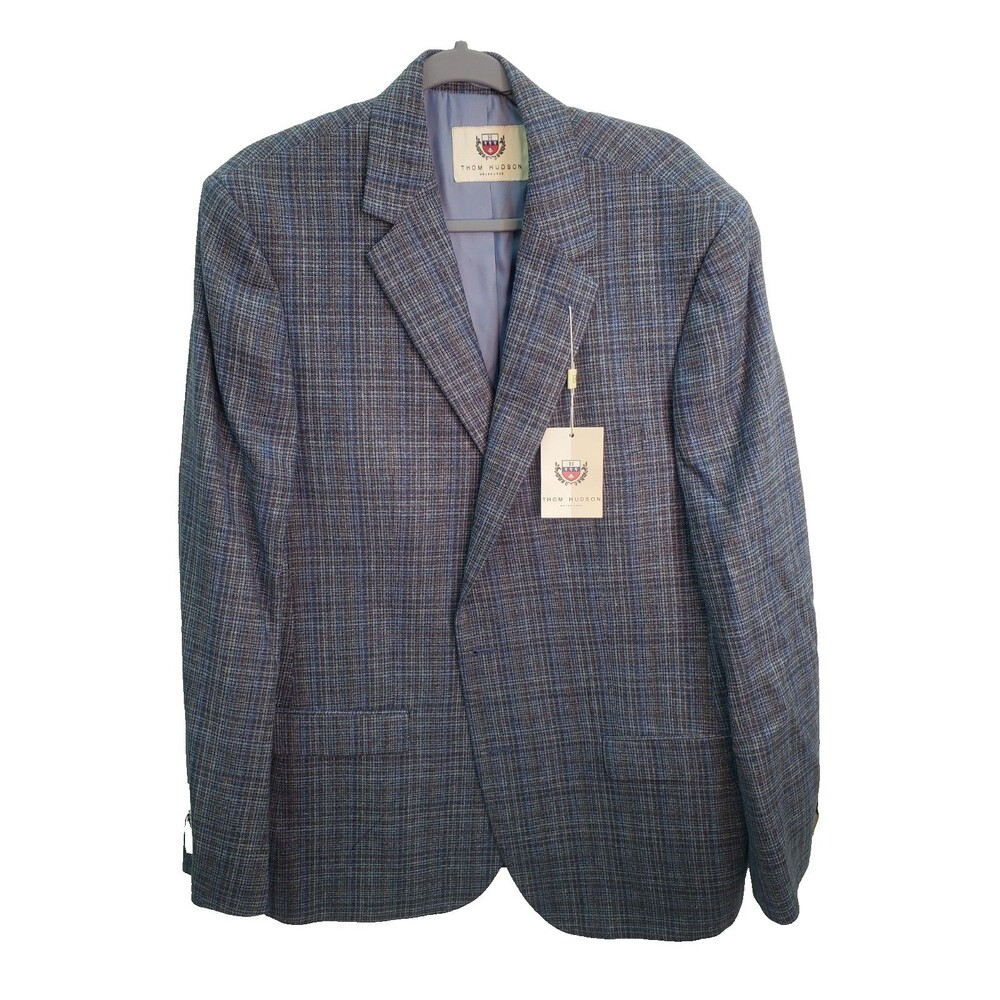 Thom Hudson Blue Plaid Italian Linen Silk & Wool Men's Sport Coat Jacket 46L